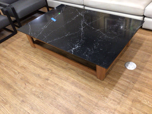 Large Black Marble Top Wood Base Coffee Table