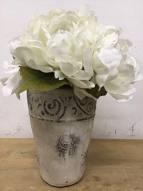 14" Faux White Peonies In Pottery Pot