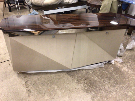 AS-IS Brown Lacquered Top Sliding Door Buffet(Holes In Top/Scratches In Top)