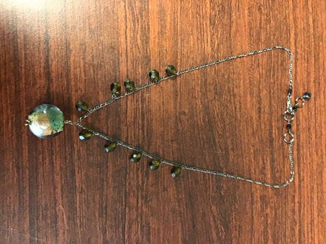 Green Glass Pendant & Beaded Pewter Necklace