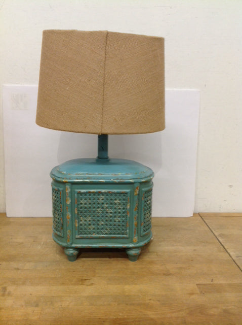Cane Wrapped Blue Wood Footed Lamp w/Shade