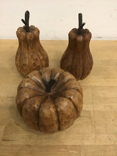 Set Of 3 Woodlike Carved Pears & Pumpkin Sculptures