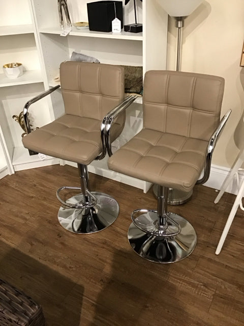 Set/2 Coffee Leather Chrome Adjustable Bar Stools