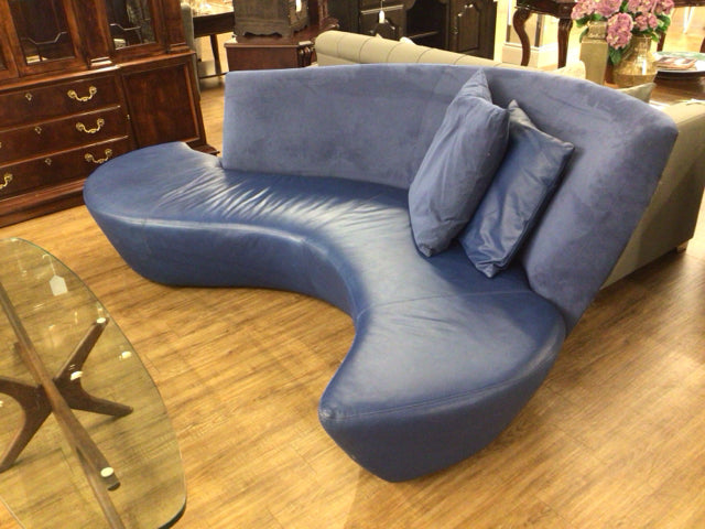 AS-IS Blue Curved Sofa W/Two Pillows (Scratches In Leather)
