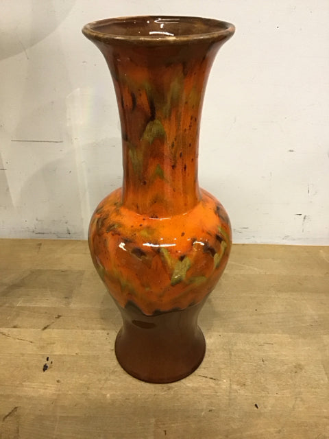 15" Orange Rust Green Ceramic Vase