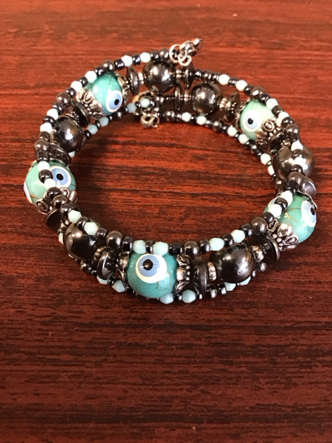 Blue Evil Eye Aqua/Metallic Beaded Bracelet
