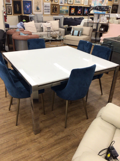 59" Square White Stone Top Chrome Base Dining Table