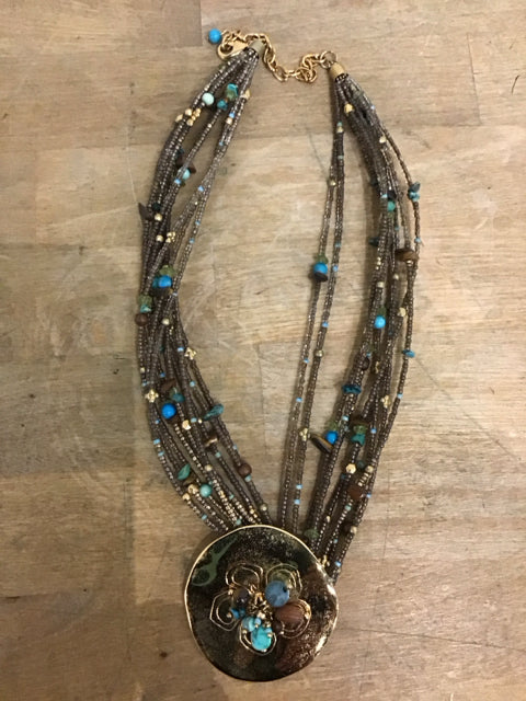 Gold Multi Beaded Pendent Necklace