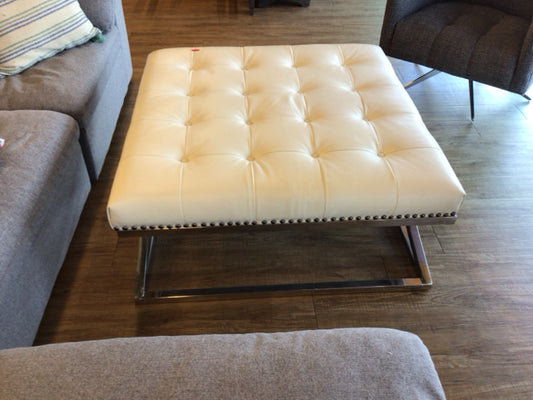 White Tufted Vinyl Chrome Base Ottoman