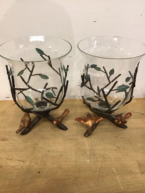 Pair Of 10" Hurricane Metal Branch & Bird Stand Candle Holder