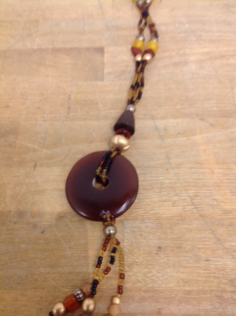 Necklace- Amber & Brown Beaded Medallion