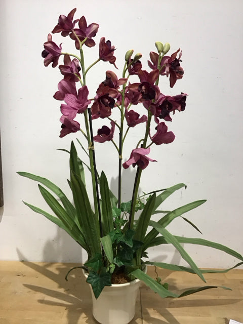 36" Faux Purple Orchids In Cream Ceramic Planter