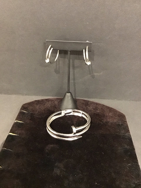 Cartier Style Silver Naill Bracelet, Earring Set