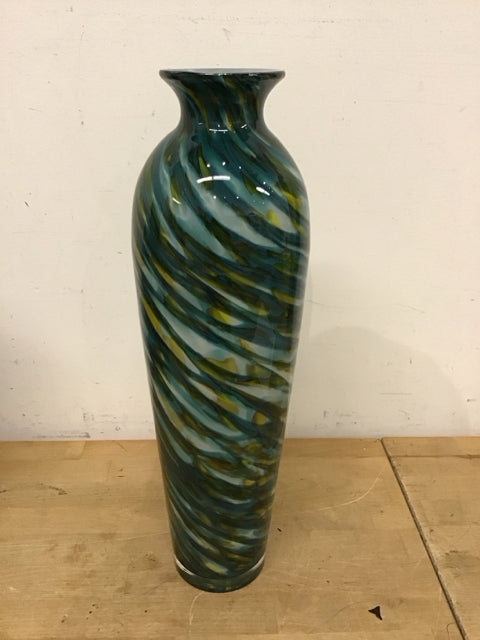 18" Green Swirl Patter Art Glass Vase