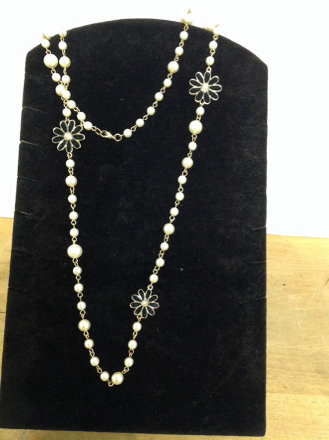 Pearl & Black Enamel Flower Necklace