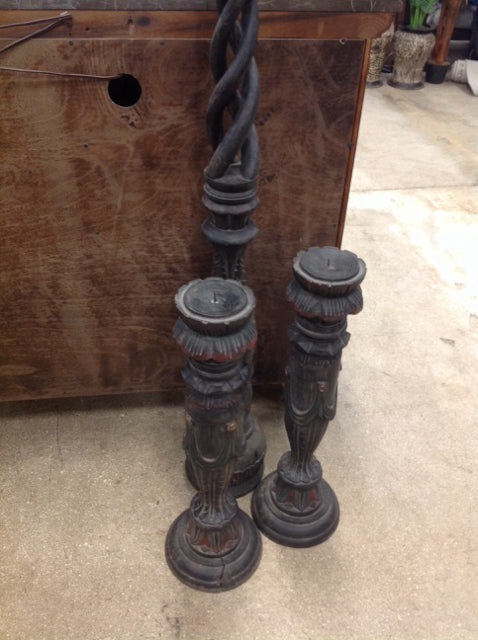 Candle Holders - As Is Set Of 3 Carved Wood