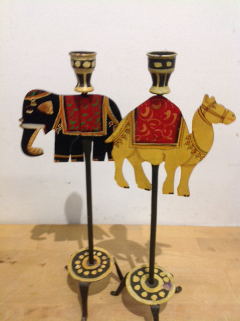 Candle Holders - 16" Pair Metal Camel & Elephant