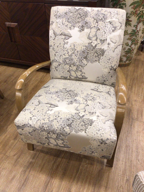 AS-IS Shuster Design Fabric & Wood Arm Chair(Chip In Front Leg)