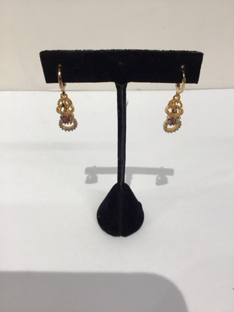 Gold Dangling Earrings w/Multicolor Stones