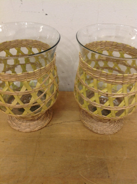 7" Pair Of Glass & Wicker Hurricanes