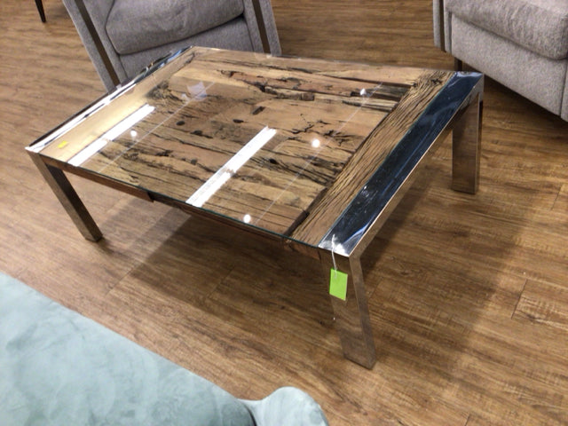 51" X 31 1/2" Reclaimed Railway Wood & Chrome Glass Top Coffee Table