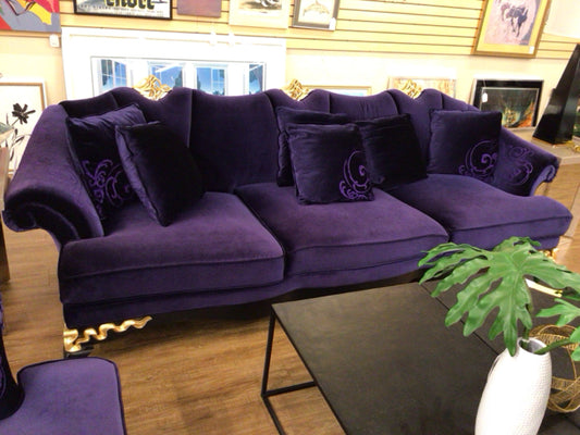 Purple Velvet & Gold Accent Three Seat Baroque Style Sofa W/6 Pillows