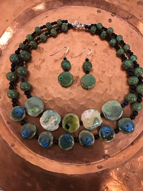 3 PC Set Double Kazuri Bead Necklace & Earrings