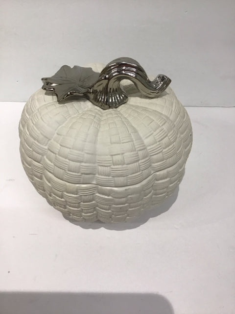 White Ceramic Pumpkin w/Silver Stem