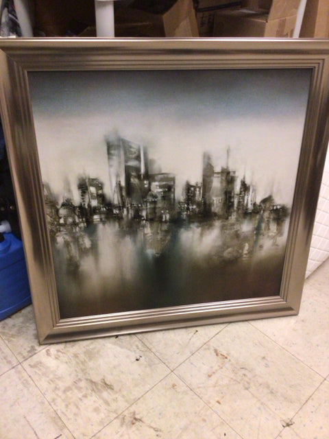 32 1/2" Squared Abstract Cityscape Silver Framed Print On Board