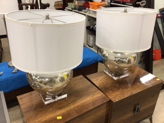 Pair Of Mercury Crackle Glass Table Lamps W/Shades