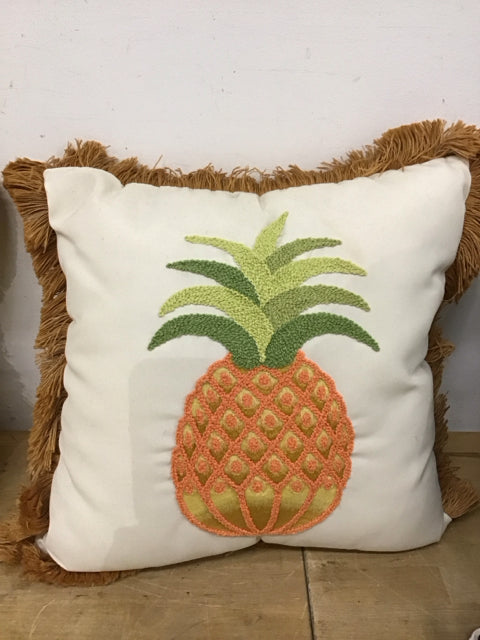 16" Cream W/Fringe Embroidered Pineapple Pillow