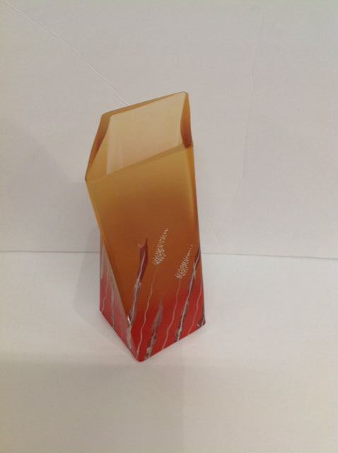 9" Frosted Orange Glass Vase w/Etched Design