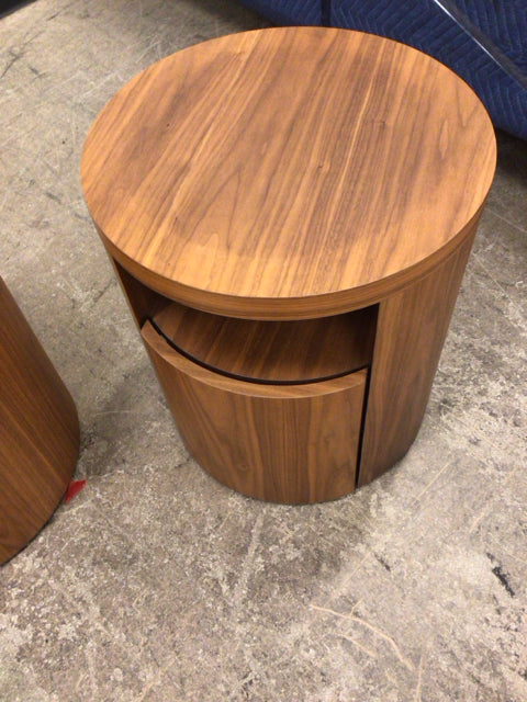 21.5" H x 19" AS-IS Angel Cerda Round Walnut Nightstand( Round Mark On Top)