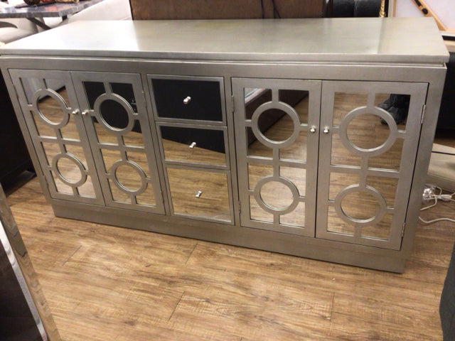 AS-IS Four Door/Three Dreer Mirrored Side Board(Dislor Spot On Top)