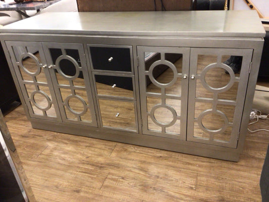 AS-IS Four Door/Three Dreer Mirrored Side Board(Dislor Spot On Top)