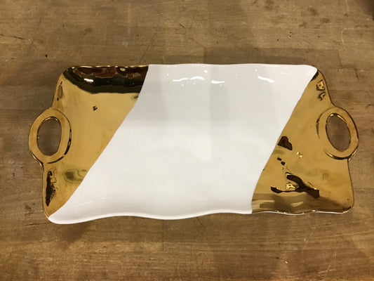 17.5"x9" Gold & White Ceramic Tray
