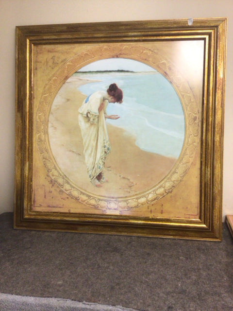 33" Square Gold Framed Woman On The Beach Print On Board