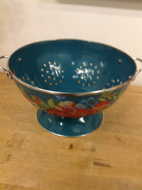 11" Metal Aqua Floral Colander