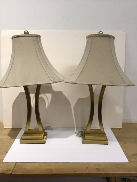28" Pair Gold Brushed Metal Lamps AS-IS Shades Slightly Soiled