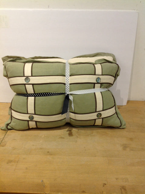 Set of 2 Green Linen w/Tan Striped Pillows