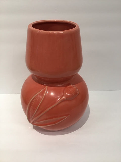 12" Peach Ceramic Vase w/Flower Decor