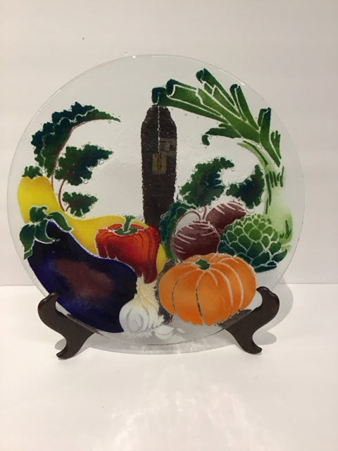 14"Rd Glass Platter w/Fruits & Stand