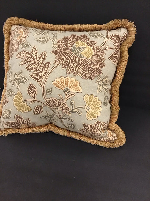 Grey Pillow w/Floral Design & Fringe