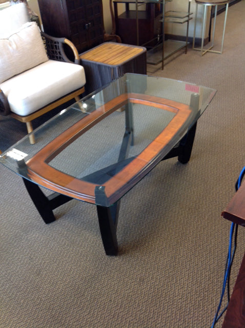 Glass Coffee Table on Wood w/Burnt Orange Highlight
