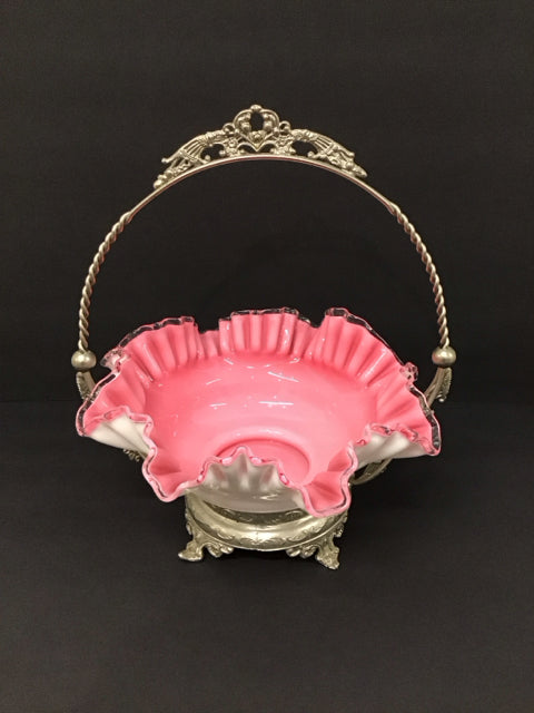 12" Bridal Basket w/Pink White Glass Bowl