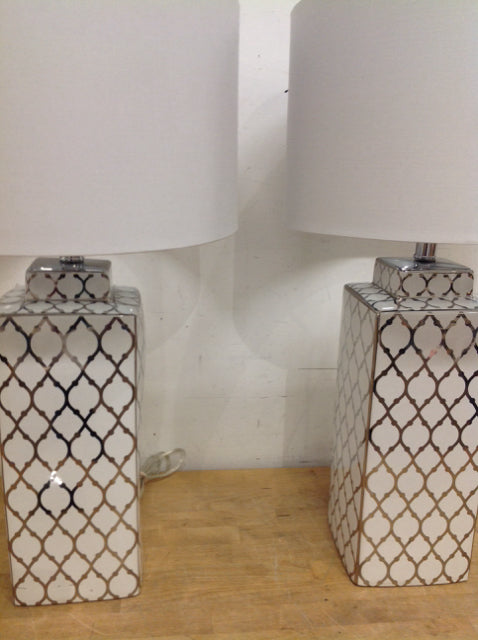 As Is 26" Pair Of White & Silver Ceramic Lamps