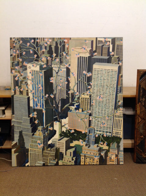 57" Sq Gallery Wrapped City w/Tree Yves Martin