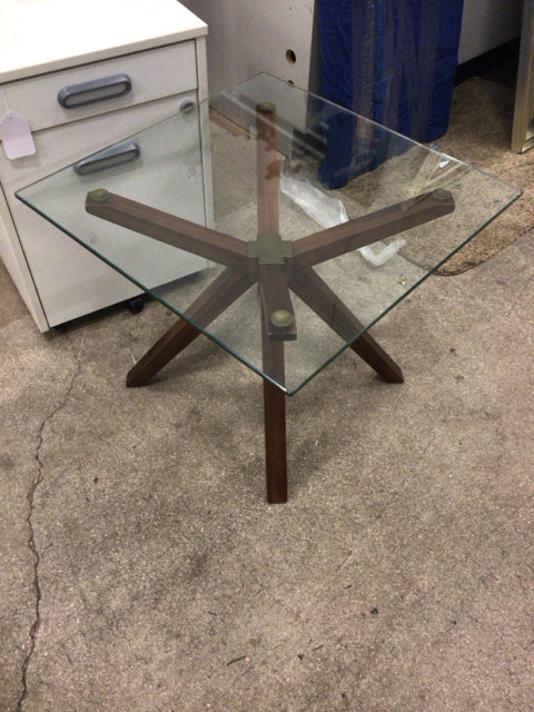 23 5/8" Square Glass Top Wood Base End Table