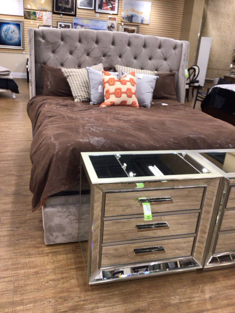 Grey Fabric Button Tufted King Storage Bed