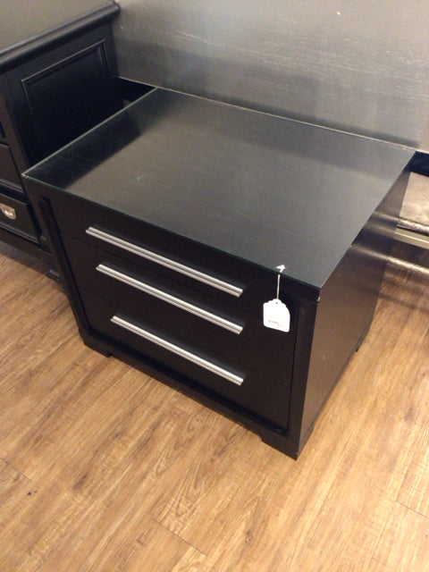 AS-IS Black Three Drawer Glass Top Nightstand(Damage In Bottom Drawer)